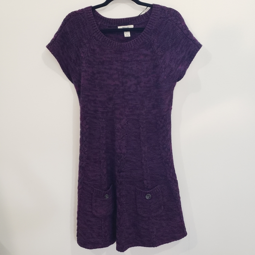 Style & Co Petite Cable Knit Sweater Mini Dress Short Sleeve Pockets XL Purple